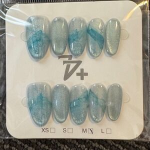 Press On Nails Blue Marble Design‎ Artificial Nail Art Medium Almond